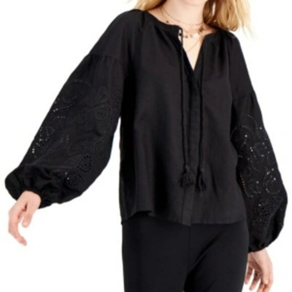 INC International Concepts Tops - NWOT - Boho Embroidered Linen Bishop Sleeve Peasant Blouse